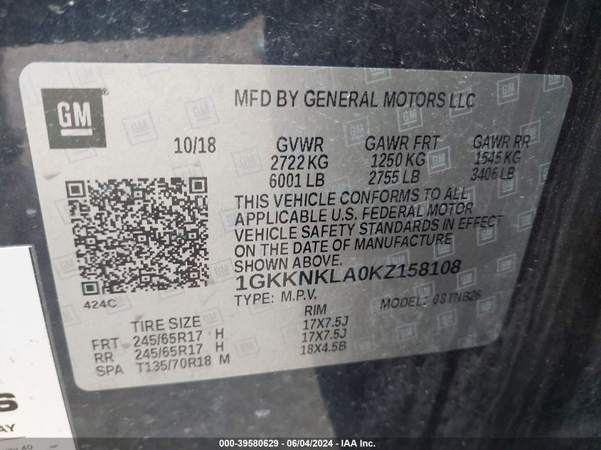 1GKKNKLA0KZ158108 2019 GMC Acadia Sle-1