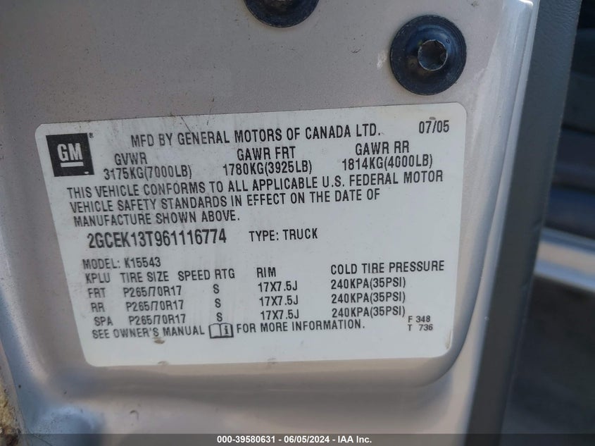2006 Chevrolet Silverado K1500 VIN: 2GCEK13T961116774 Lot: 39580631