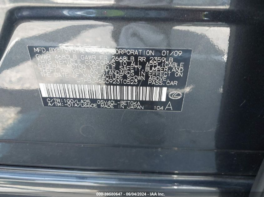 2009 Lexus Es 350 VIN: JTHBJ46G092310523 Lot: 39580647