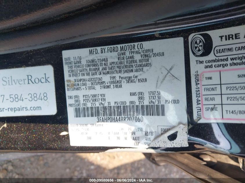 2011 Ford Fusion Se VIN: 3FAHP0HA4BR207060 Lot: 39580656