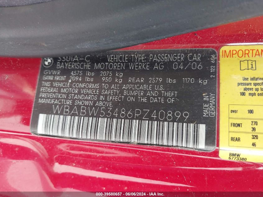 2006 BMW 330Ci VIN: WBABW53486PZ40899 Lot: 39580657