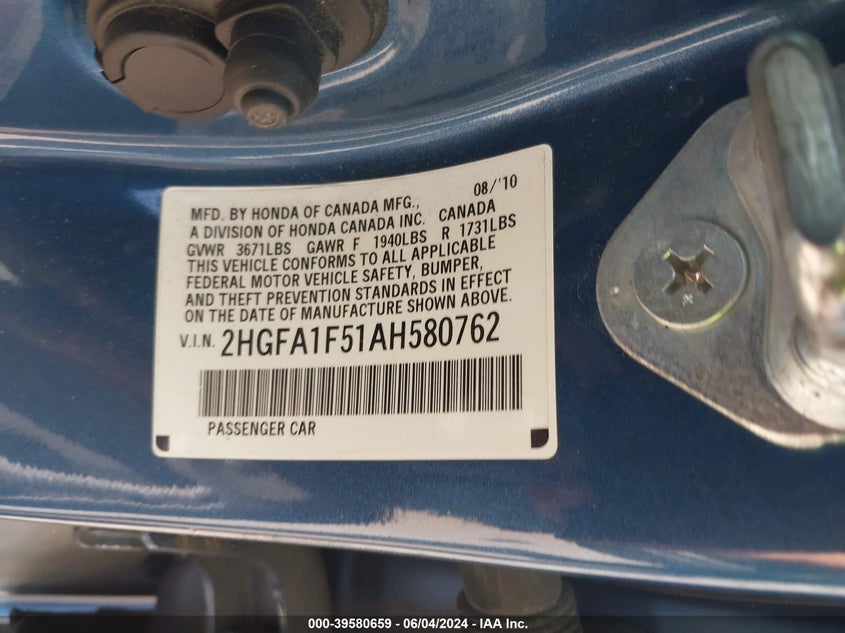 2010 Honda Civic Lx VIN: 2HGFA1F51AH580762 Lot: 39580659