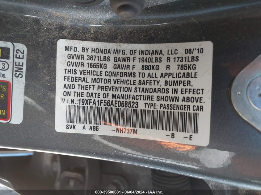 2010 Honda Civic Lx VIN: 19XFA1F56AE068523 Lot: 39580681