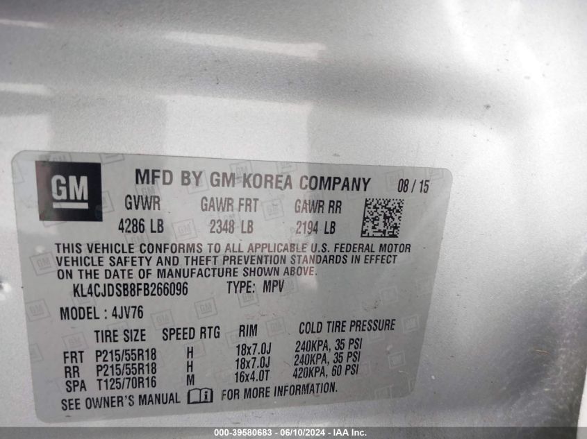 2015 Buick Encore Premium VIN: KL4CJDSB8FB266096 Lot: 39580683