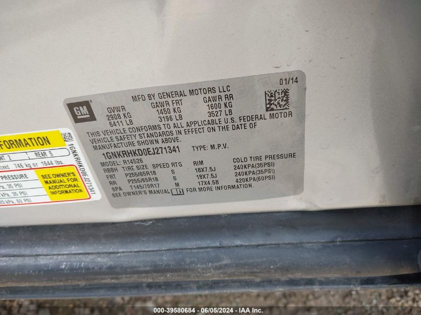 2014 Chevrolet Traverse 2Lt VIN: 1GNKRHKD0EJ271341 Lot: 39580684