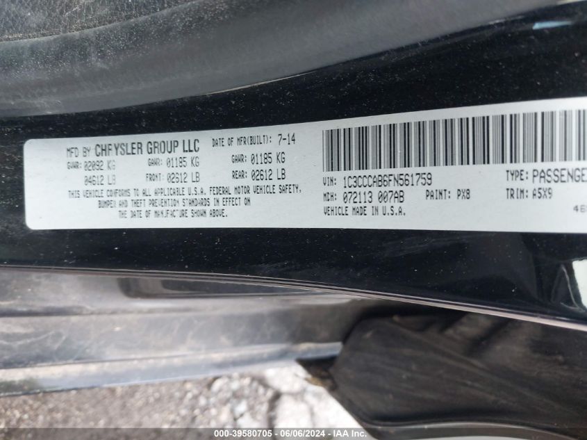 2015 Chrysler 200 Limited VIN: 1C3CCCAB6FN561759 Lot: 39580705