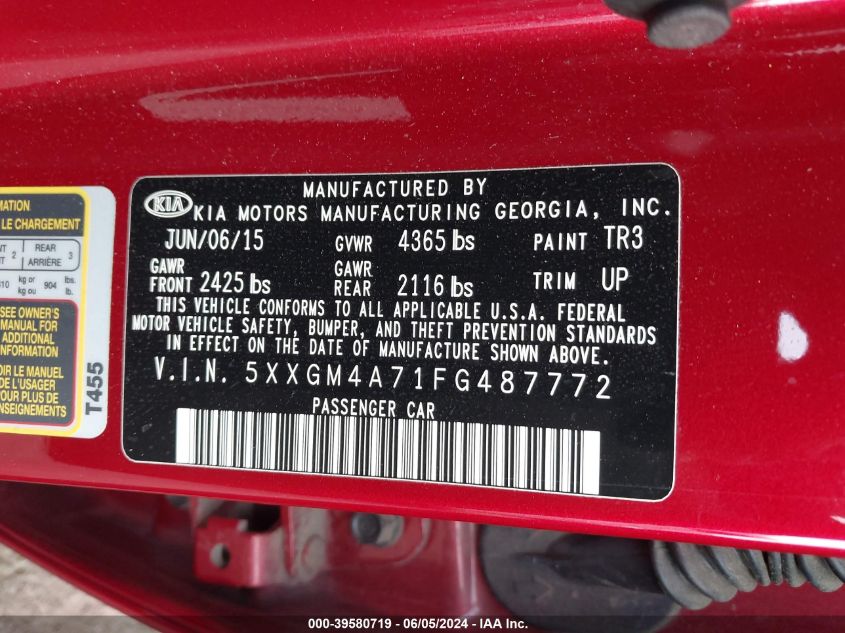 2015 Kia Optima Lx VIN: 5XXGM4A71FG487772 Lot: 39580719