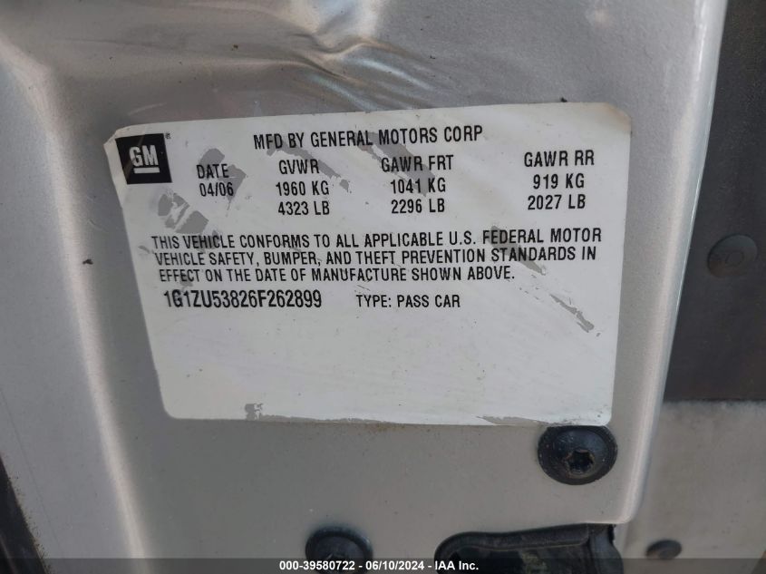 2006 Chevrolet Malibu Ltz VIN: 1G1ZU53826F262899 Lot: 39580722