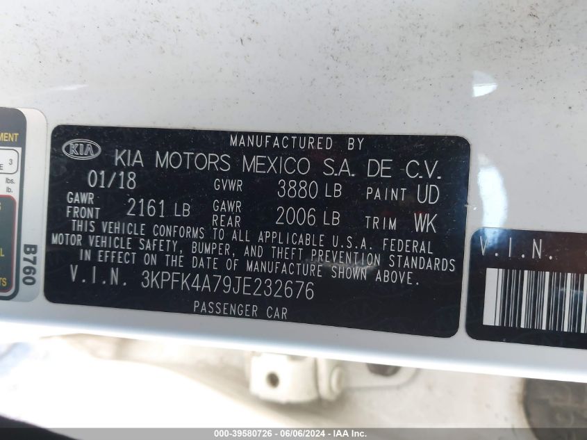 2018 Kia Forte Lx VIN: 3KPFK4A79JE232676 Lot: 39580726