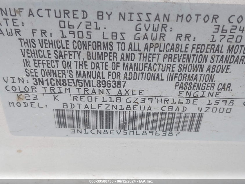 2021 Nissan Versa Sv VIN: 3N1CN8EV5ML896387 Lot: 39580730