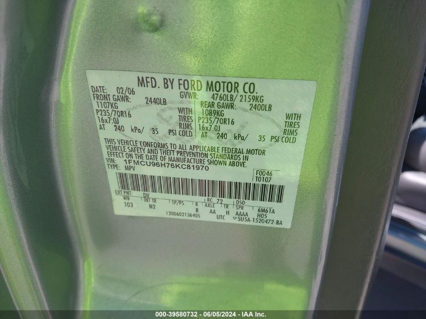 2006 Ford Escape Hybrid VIN: 1FMCU96H76KC81970 Lot: 39580732