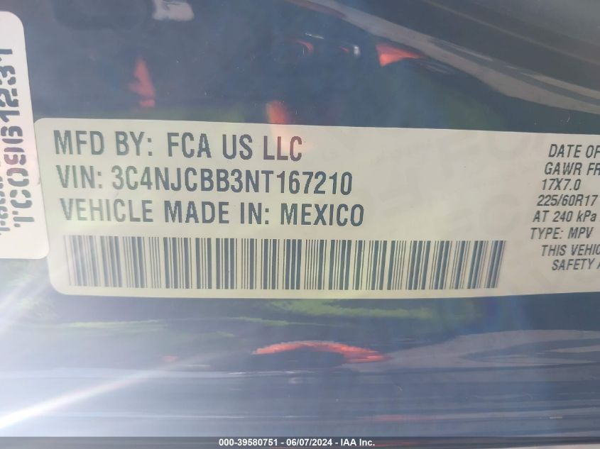 2022 Jeep Compass Latitude Fwd VIN: 3C4NJCBB3NT167210 Lot: 39580751