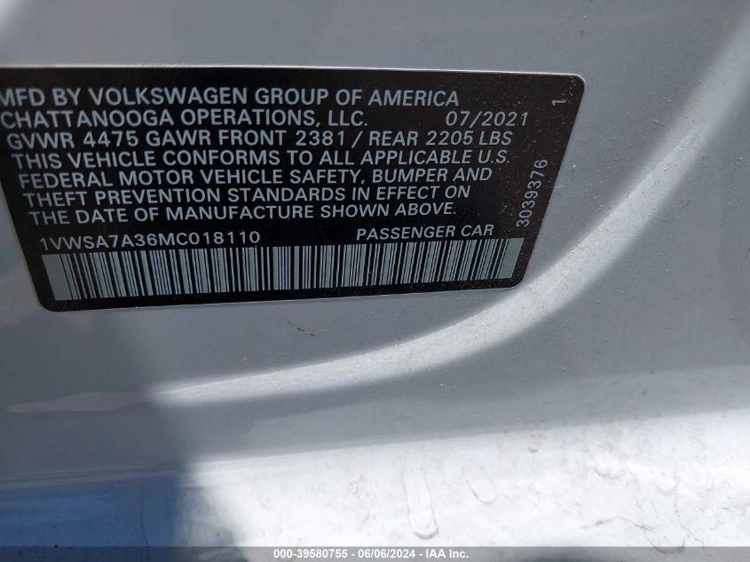 2021 Volkswagen Passat 2.0T Se VIN: 1VWSA7A36MC018110 Lot: 39580755