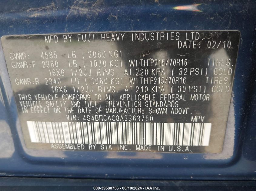 2010 Subaru Outback 2.5I VIN: 4S4BRCAC8A3363750 Lot: 39580756