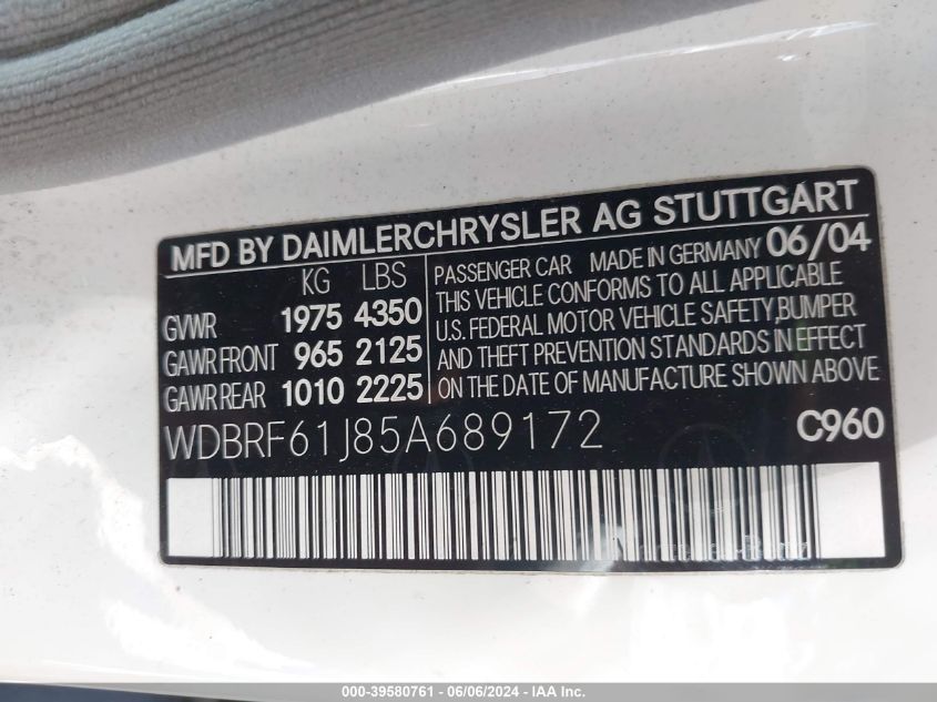 2005 Mercedes-Benz C 240 Luxury VIN: WDBRF61J85A689172 Lot: 39580761