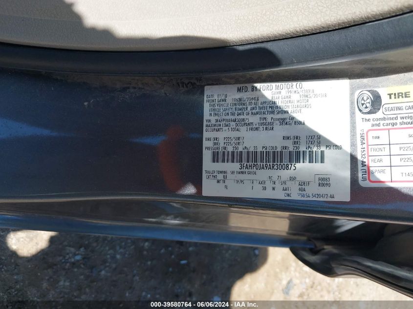 2010 Ford Fusion Sel VIN: 3FAHP0JA9AR300875 Lot: 39580764