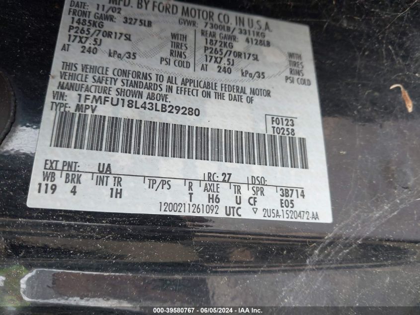 2003 Ford Expedition Eddie Bauer VIN: 1FMFU18L43LB29280 Lot: 39580767