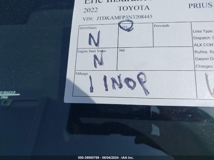 2022 Toyota Prius Prime Xle VIN: JTDKAMFP3N3208445 Lot: 39580769