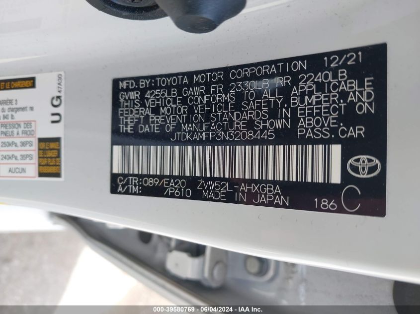 2022 Toyota Prius Prime Xle VIN: JTDKAMFP3N3208445 Lot: 39580769