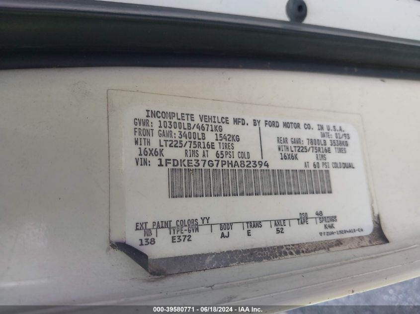 1993 Ford Econoline E350 Cutaway Van VIN: 1FDKE37G7PHA82394 Lot: 39580771