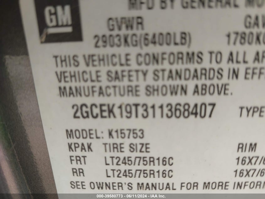 2001 Chevrolet Silverado 1500 Ls VIN: 2GCEK19T311368407 Lot: 39580773