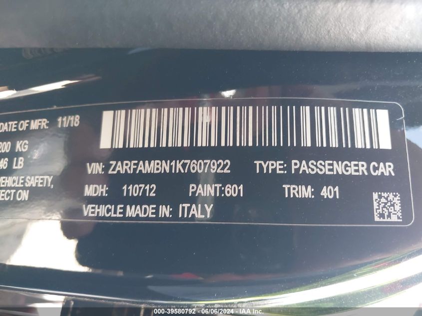 2019 Alfa Romeo Giulia Ti Sport Rwd VIN: ZARFAMBN1K7607922 Lot: 39580792