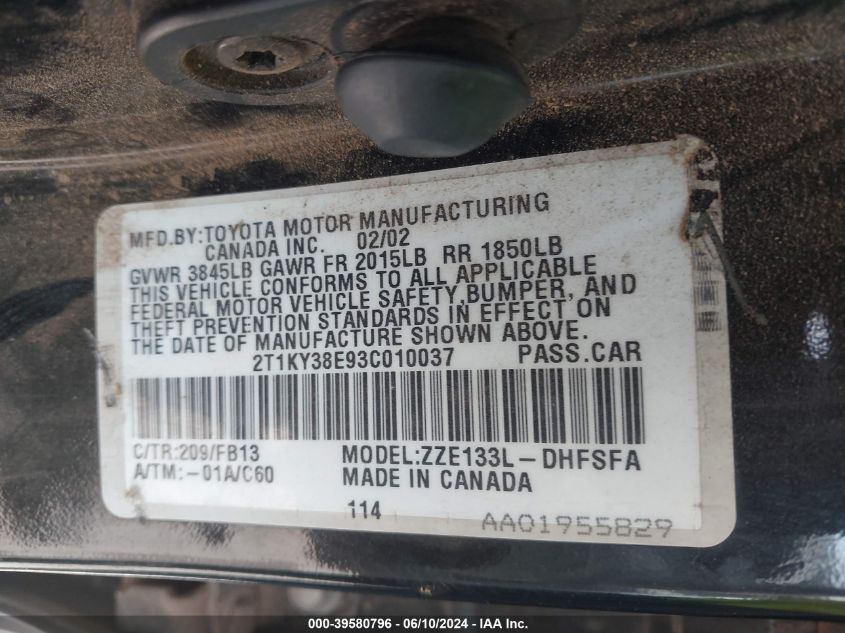 2003 Toyota Matrix Xrs VIN: 2T1KY38E93C010037 Lot: 39580796