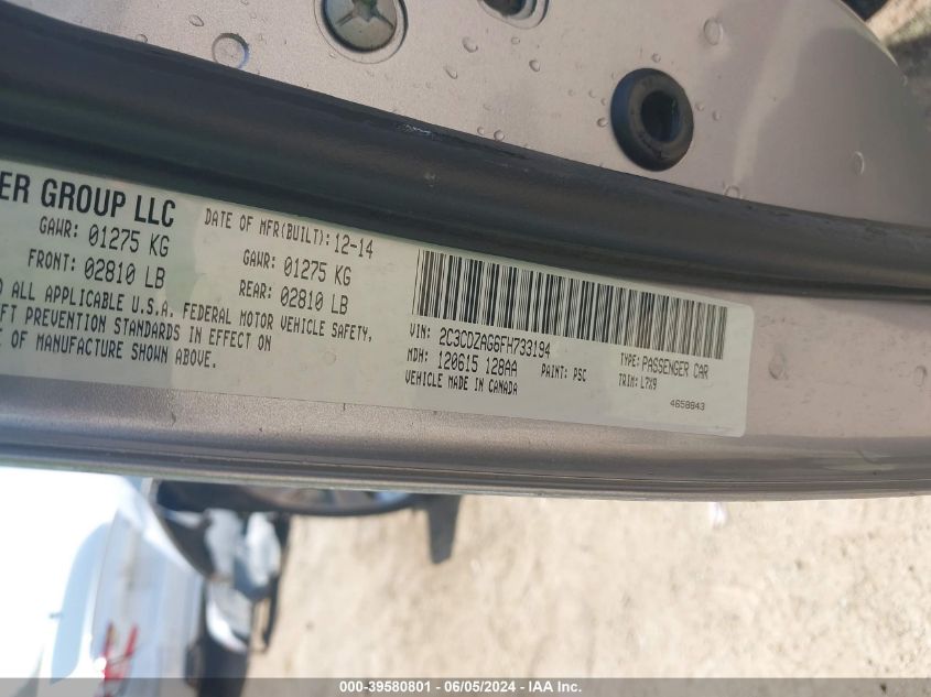 2015 Dodge Challenger Sxt VIN: 2C3CDZAG6FH733194 Lot: 39580801