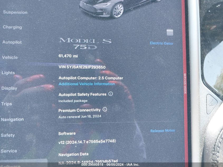 2018 Tesla Model S 100D/75D/P100D VIN: 5YJSA1E29JF293650 Lot: 39580818