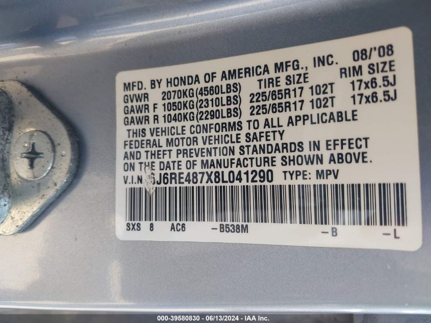 2008 Honda Cr-V Ex-L VIN: 5J6RE487X8L041290 Lot: 39580830
