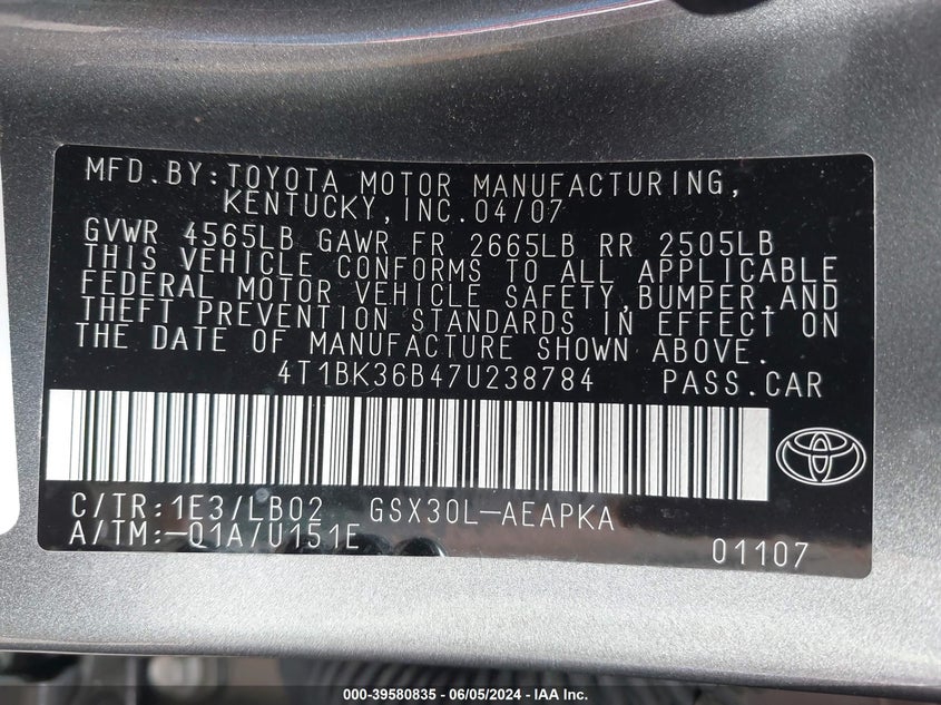 2007 TOYOTA AVALON VIN: 4T1BK36B47U238784