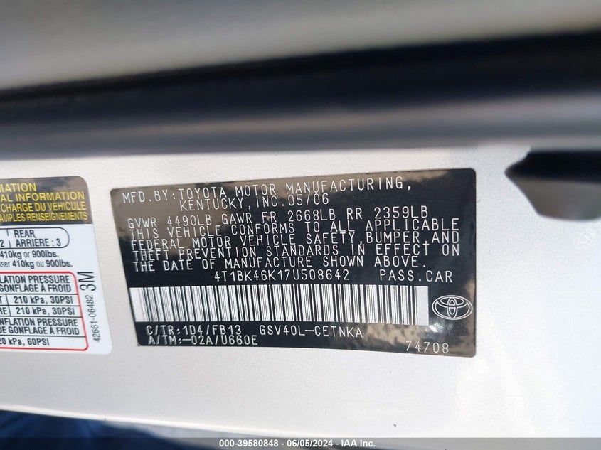 2007 Toyota Camry Le/Xle/Se VIN: 4T1BK46K17U508642 Lot: 39580848