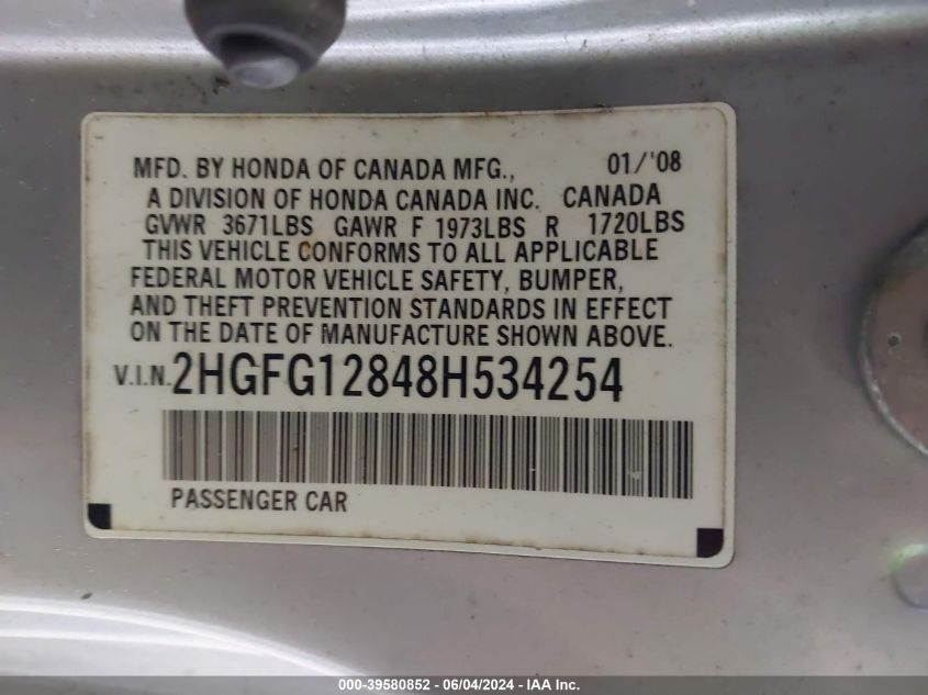 2HGFG12848H534254 | 2008 HONDA CIVIC