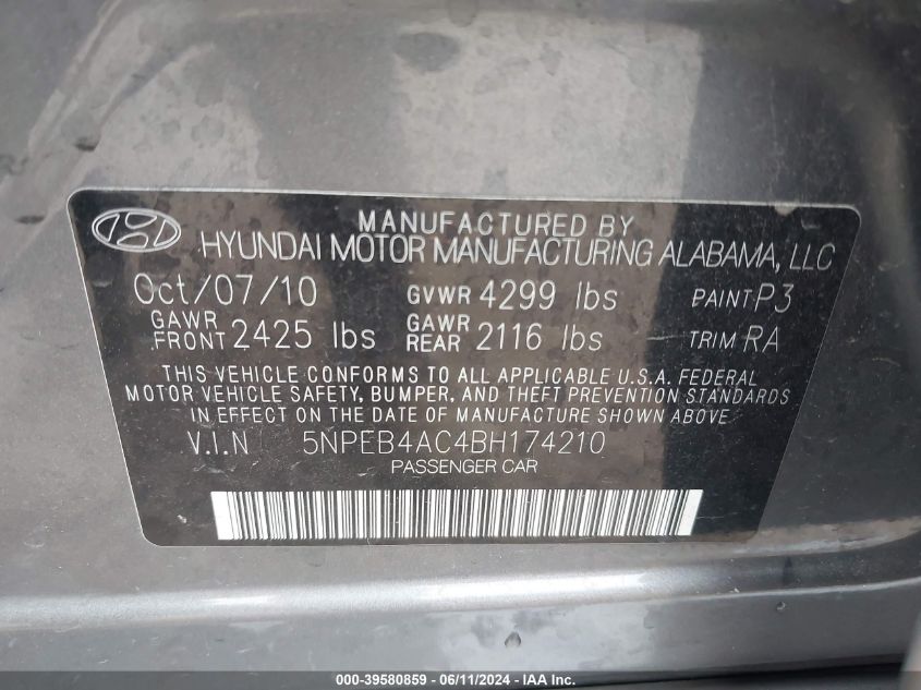 2011 Hyundai Sonata Gls VIN: 5NPEB4AC4BH174210 Lot: 39580859