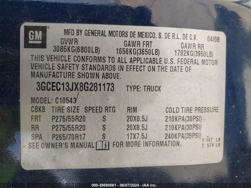 2008 Chevrolet Silverado 1500 Lt1 VIN: 3GCEC13JX8G281173 Lot: 39580861