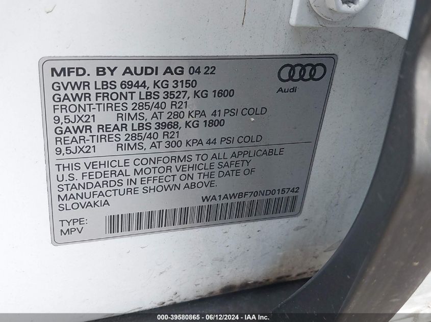 WA1AWBF70ND015742 2022 Audi Sq7 Premium Plus Tfsi Quattro Tiptronic