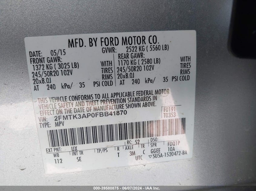 2015 Ford Edge Sport VIN: 2FMTK3AP0FBB41870 Lot: 39580875