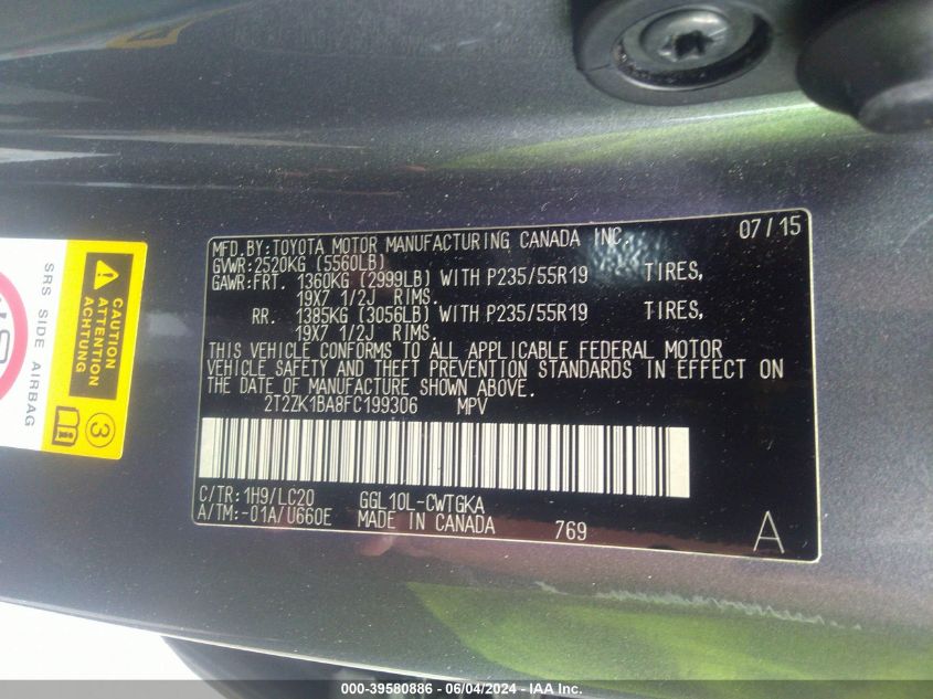 2015 Lexus Rx 350 VIN: 2T2ZK1BA8FC199306 Lot: 39580886