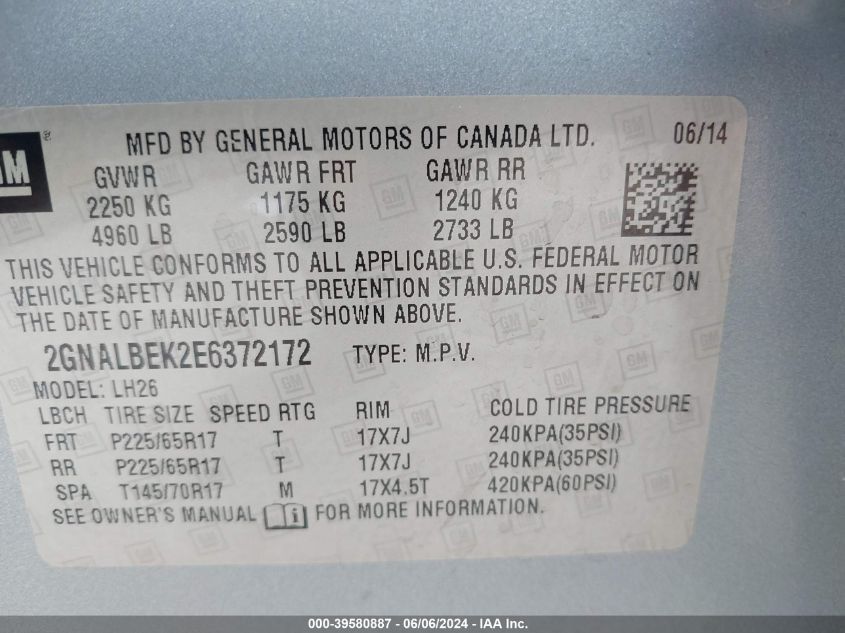 2014 Chevrolet Equinox 1Lt VIN: 2GNALBEK2E6372172 Lot: 39580887