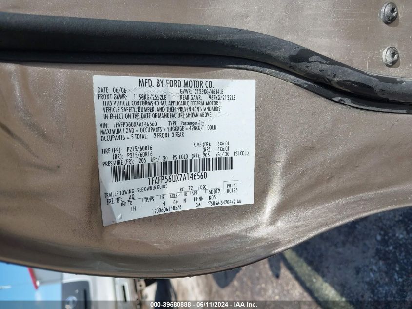 2007 Ford Taurus Sel VIN: 1FAFP56UX7A146560 Lot: 39580888