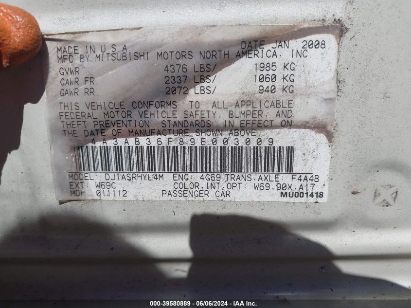 2009 Mitsubishi Galant Es/Sport Edition VIN: 4A3AB36F89E003009 Lot: 39580889
