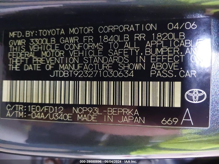 2007 Toyota Yaris VIN: JTDBT923271030634 Lot: 39580896