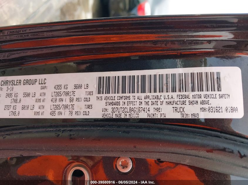 2010 Dodge Ram 2500 Slt VIN: 3D7UT2CL8AG167414 Lot: 39580916