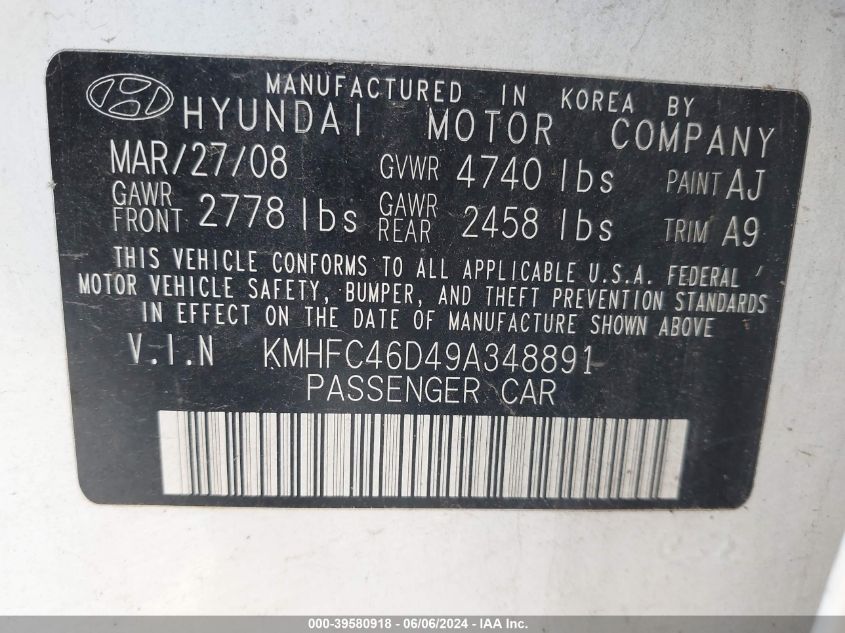 2009 Hyundai Azera Gls VIN: KMHFC46D49A348891 Lot: 39580918