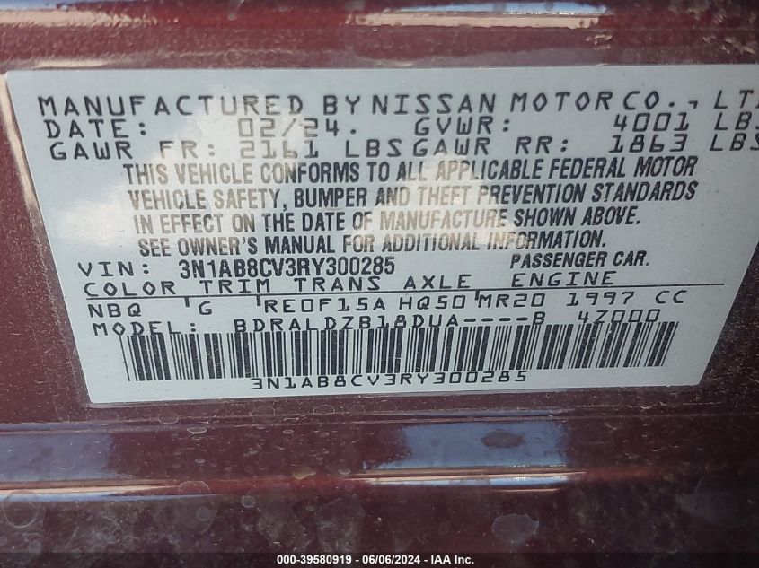 2024 Nissan Sentra Sv Xtronic Cvt VIN: 3N1AB8CV3RY300285 Lot: 39580919