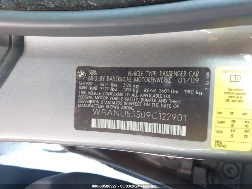2009 BMW 528I VIN: WBANU53509C122901 Lot: 39580927
