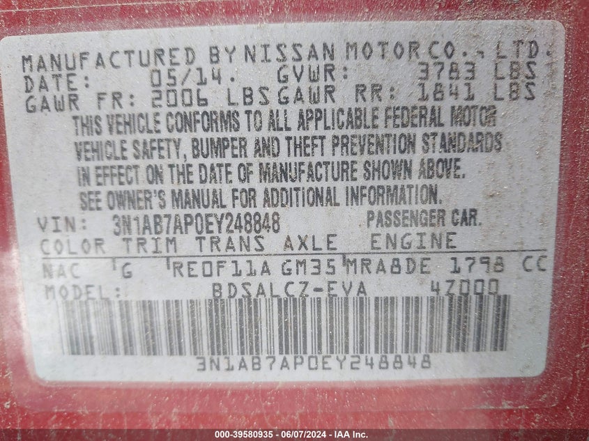 2014 Nissan Sentra S VIN: 3N1AB7AP0EY248848 Lot: 39580935