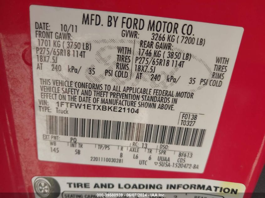 2011 Ford F-150 Fx4 VIN: 1FTFW1ETXBKE21104 Lot: 39580939