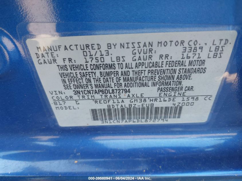 2013 Nissan Versa 1.6 Sv VIN: 3N1CN7AP6DL872794 Lot: 39580941