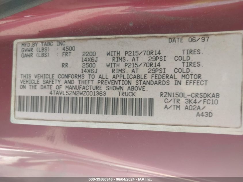 1998 Toyota Tacoma VIN: 4TAVL52N2WZ001363 Lot: 39580946